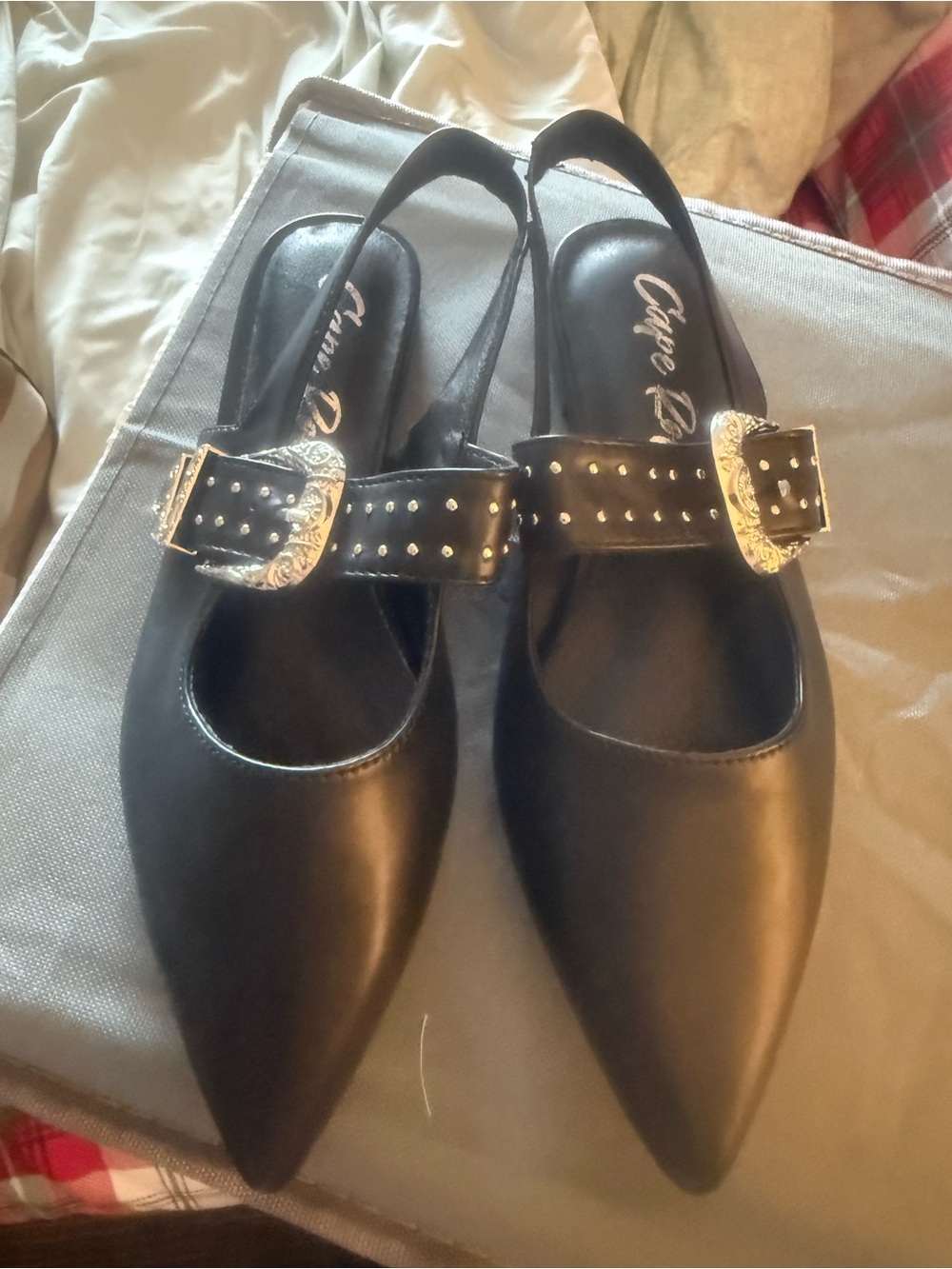 Cape Robbin Black Pointed Slingback Flats with Decorative Buckles